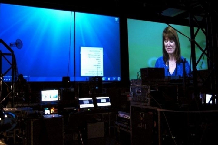 Video režija iza projekcionih platna za pozadinsku projekciju tokom realizacije poslovne prezentacije